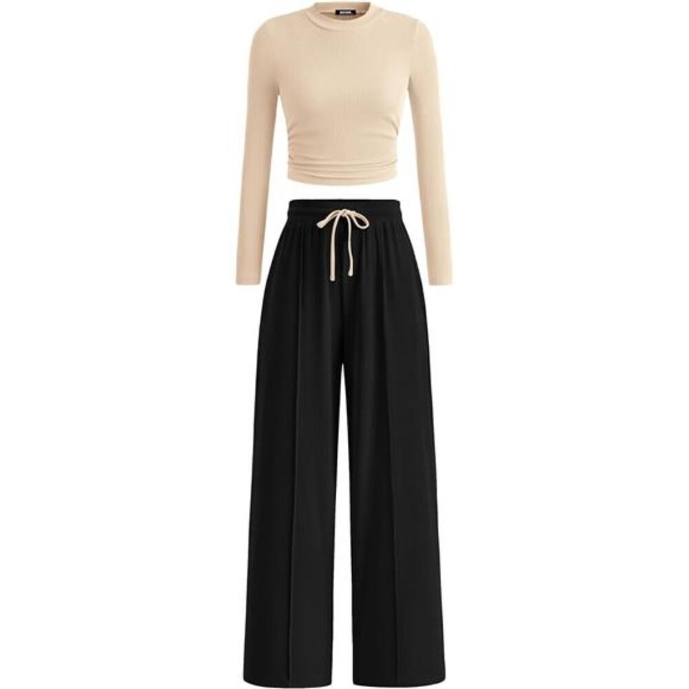 Women's 2-Piece Ribbed Knit Set -Fall Outfit,Long Sleeve Crop Top &Wide-Leg Pant